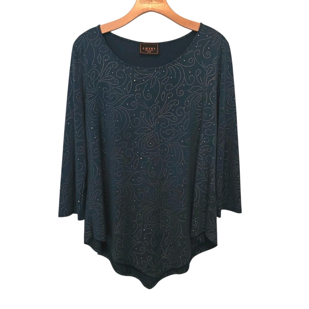 Amana Top Emerald Green Gold Bead Women's L Embellished Stretch